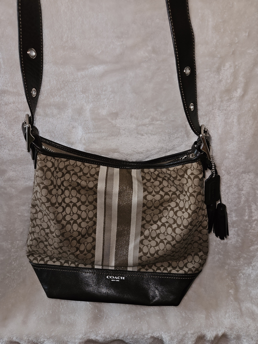 Coach Beige & Brown Signature Stripe Crossbody Bag